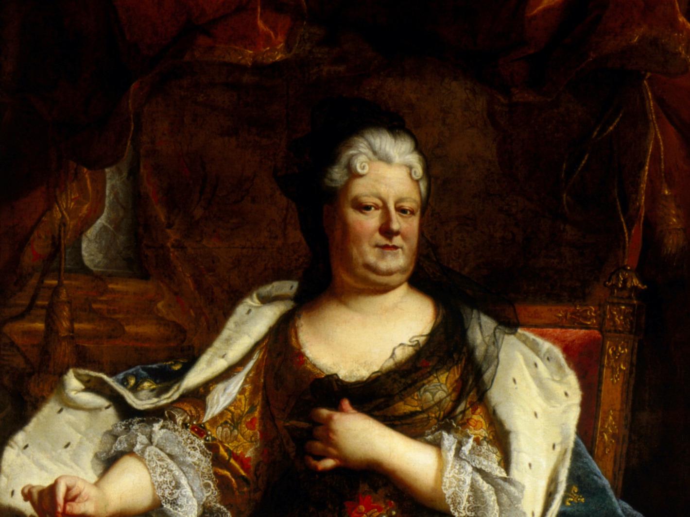 Liselotte von der Pfalz in einem Gemälde von Hyacyinthe Rigaud oder seiner Werkstatt, um 1713